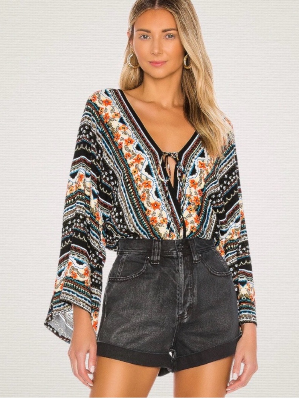 Free People Intimately For You Bodysuit XS Black Combo Boho Floral Bell Sleeve